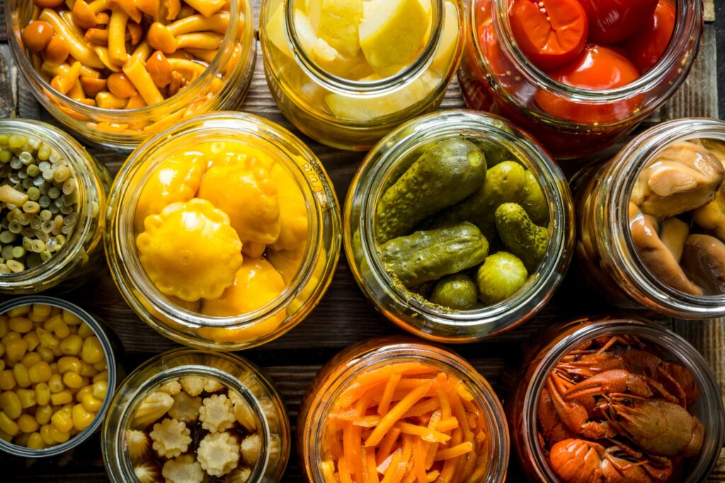 Preserved food in glass jars.